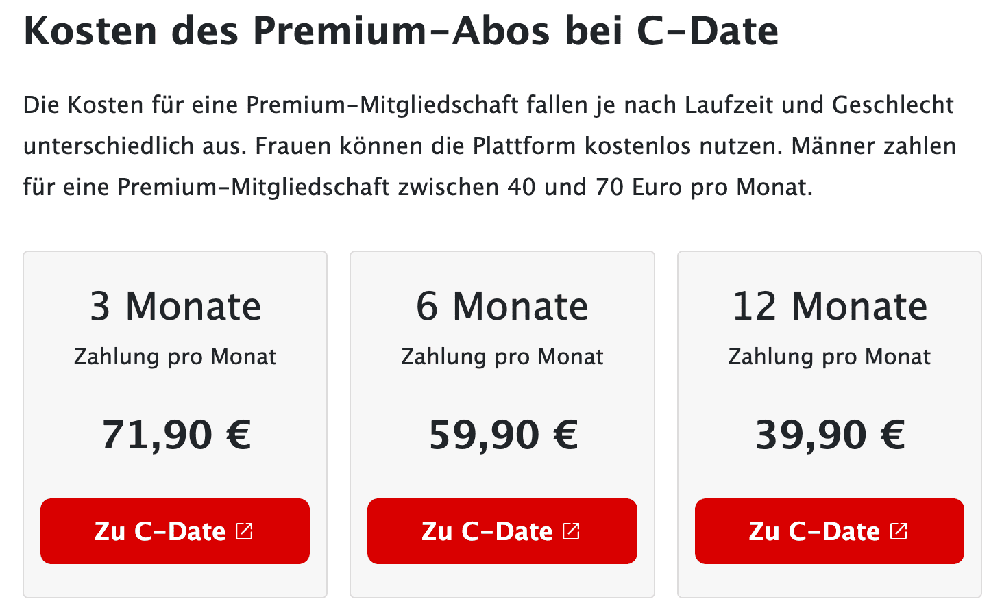 C-Date Preise und Kosten für eine Premium Abo.